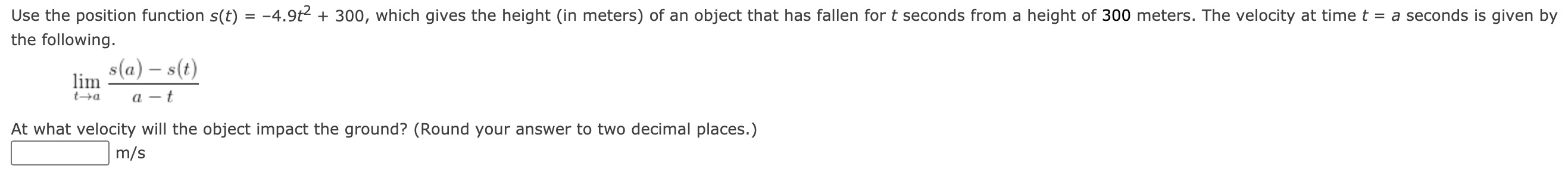 the height (in meters) of an object that has fallen for t