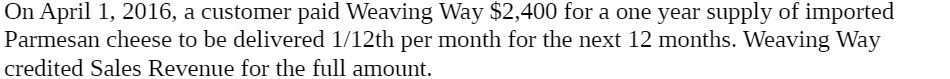On April 1, 2016, a customer paid Weaving Way $2,400 for a