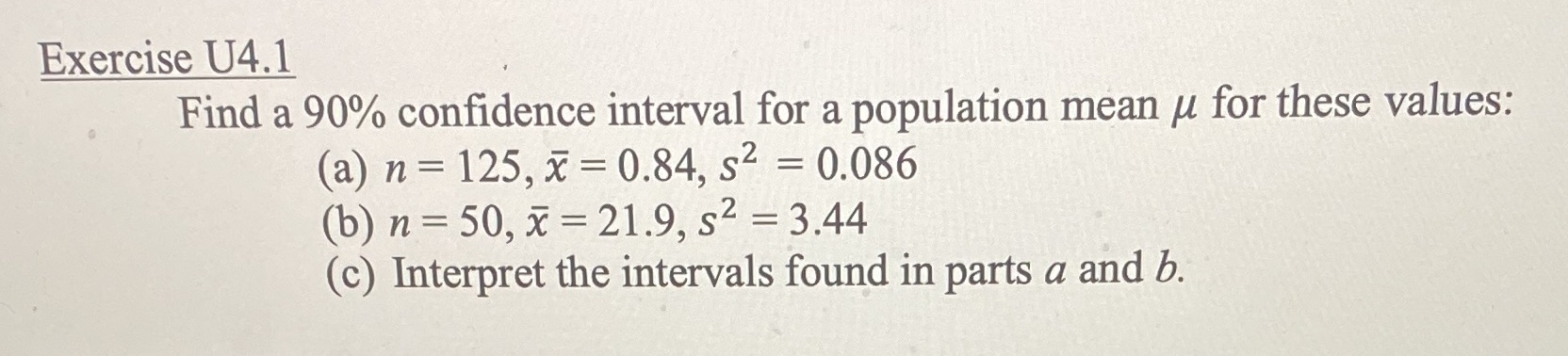u for these values: (a) n = 125, x = 0.84, s2