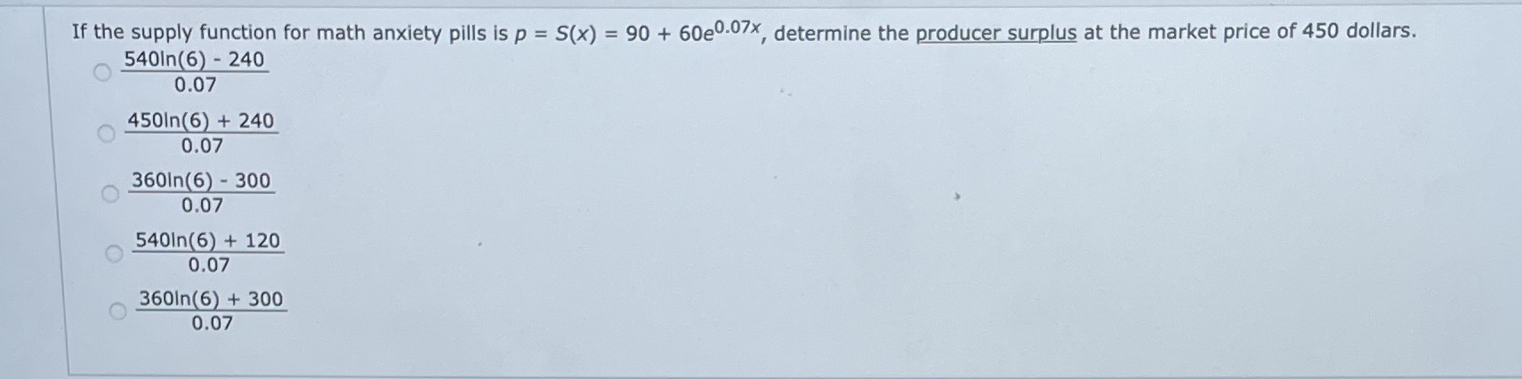 Please help! If the supply function for math anxiety pills is