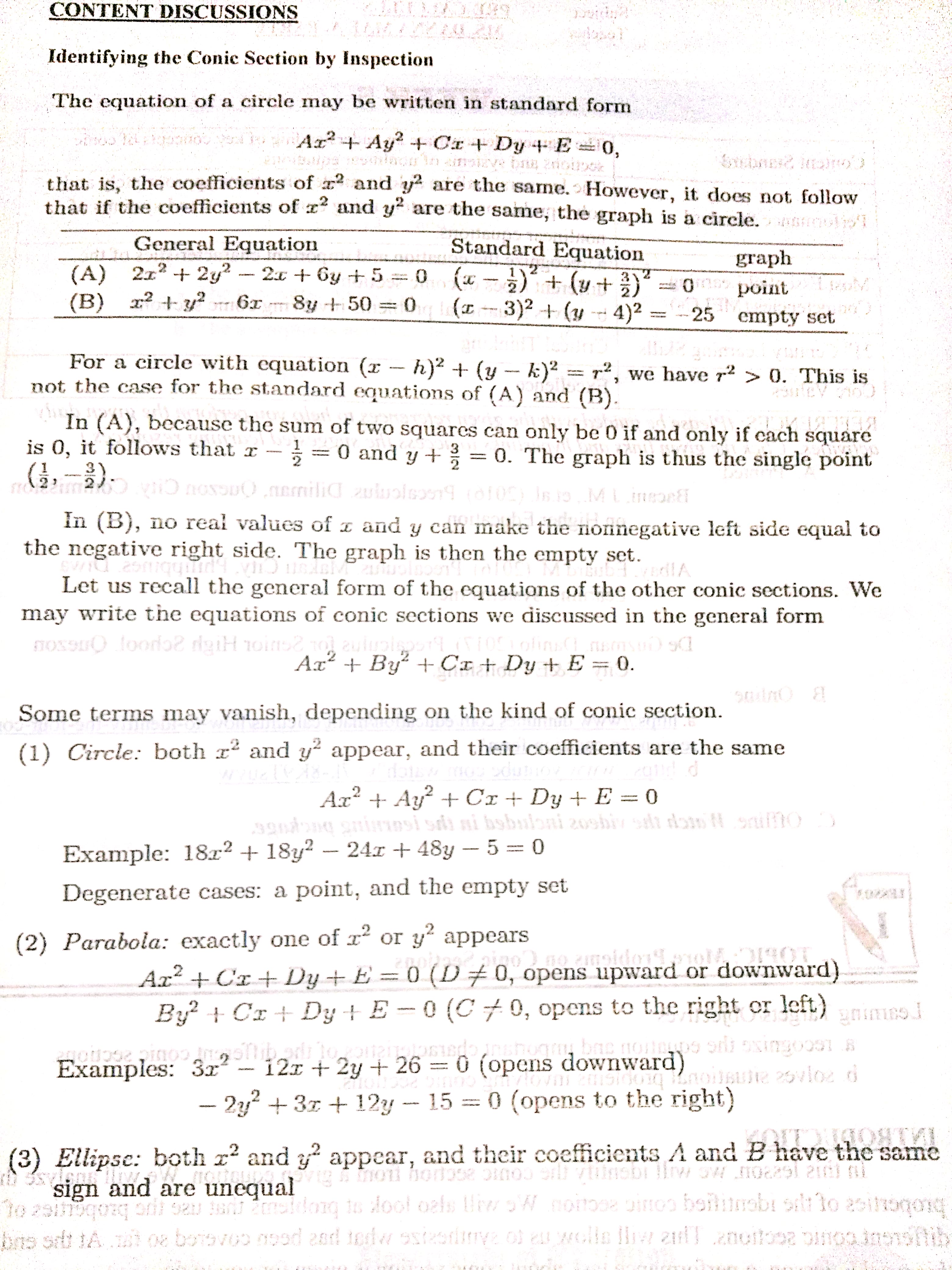  CONTENT DISCUSSIONS Identifying the Conic Section by Inspection The equation of