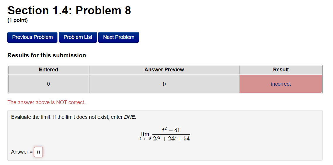  Section 1.4: Problem 8 (1 point} Previous Problem Problem List Next