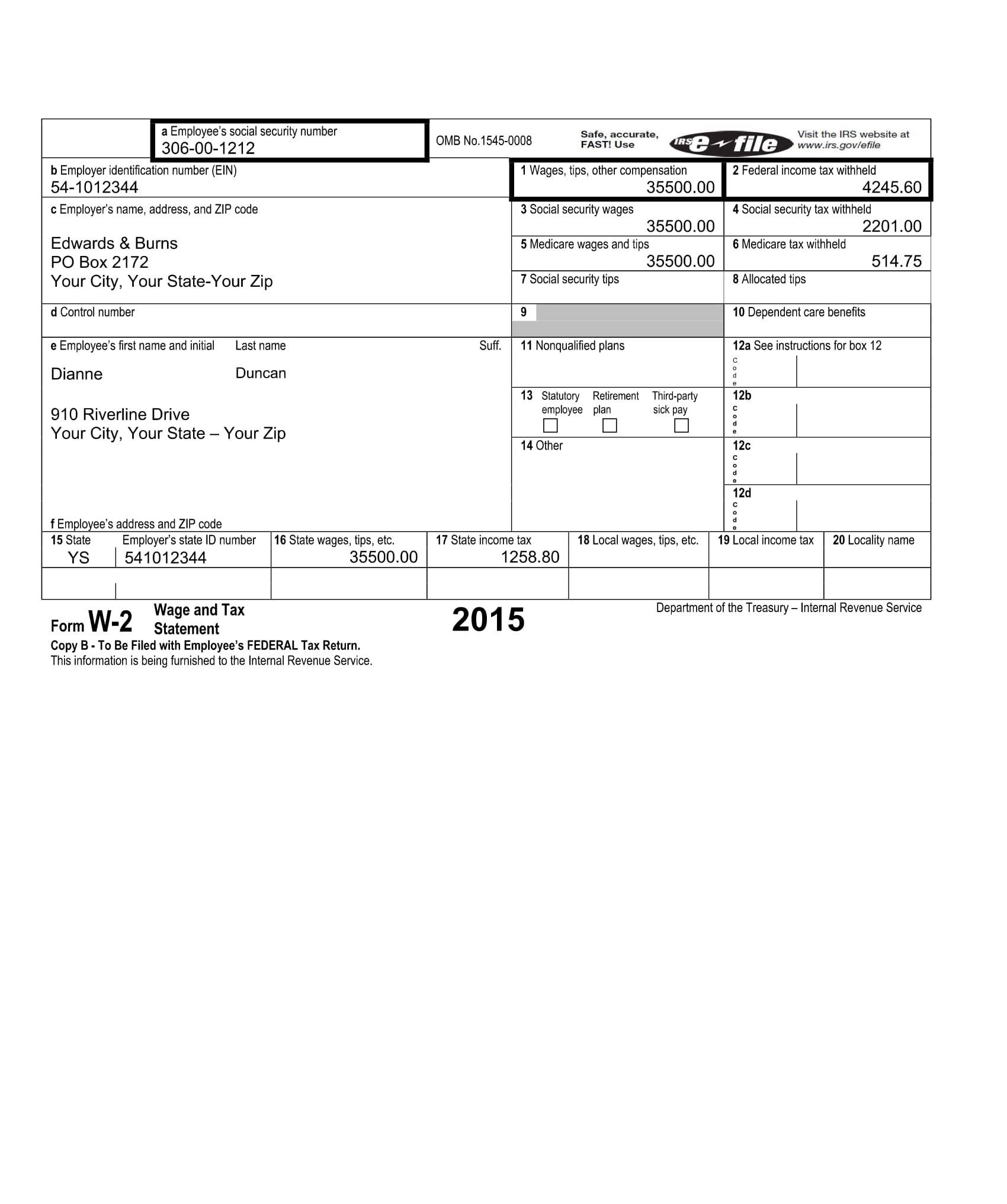 (age 5, DOB: 10/15/2010, SSN 306-00-1324) lived with them all year. Donald