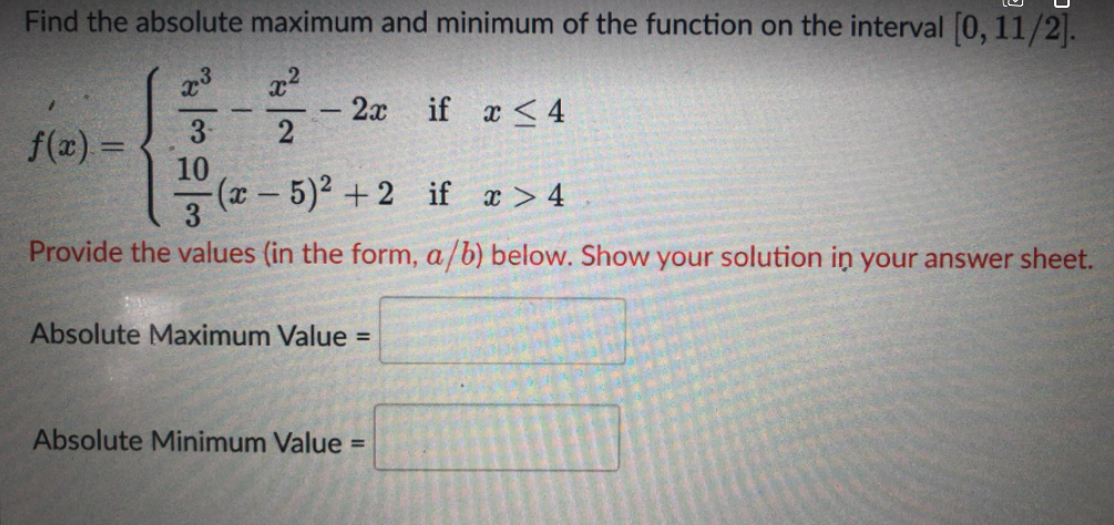  Find the absolute maximum and minimum of the function on the