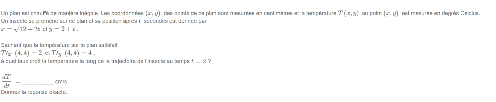 points de ce plan sont mesures en centimetres et la temperature T@,