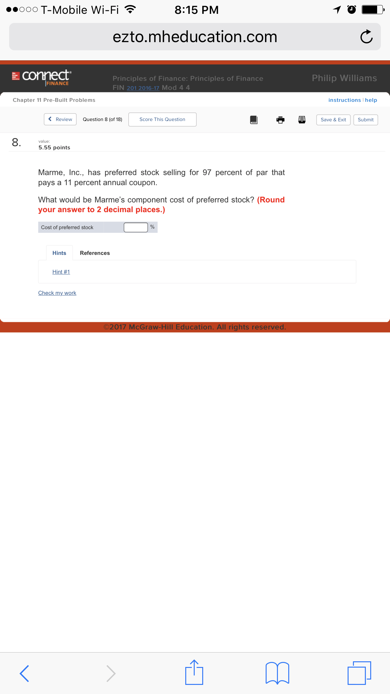 "000 T-Mobile Wi-Fi 8:15 PM ezto.mheducation.com Principles of Finance: Principles of Finance
