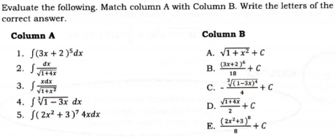 following. Match column A with Column B. Write the letters of the