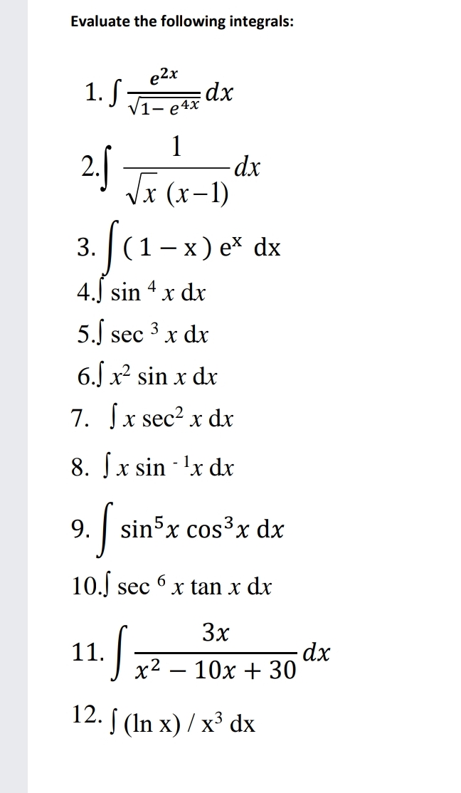 calculus 130 Evaluate the following integrals: e2x 1. J dx V1-