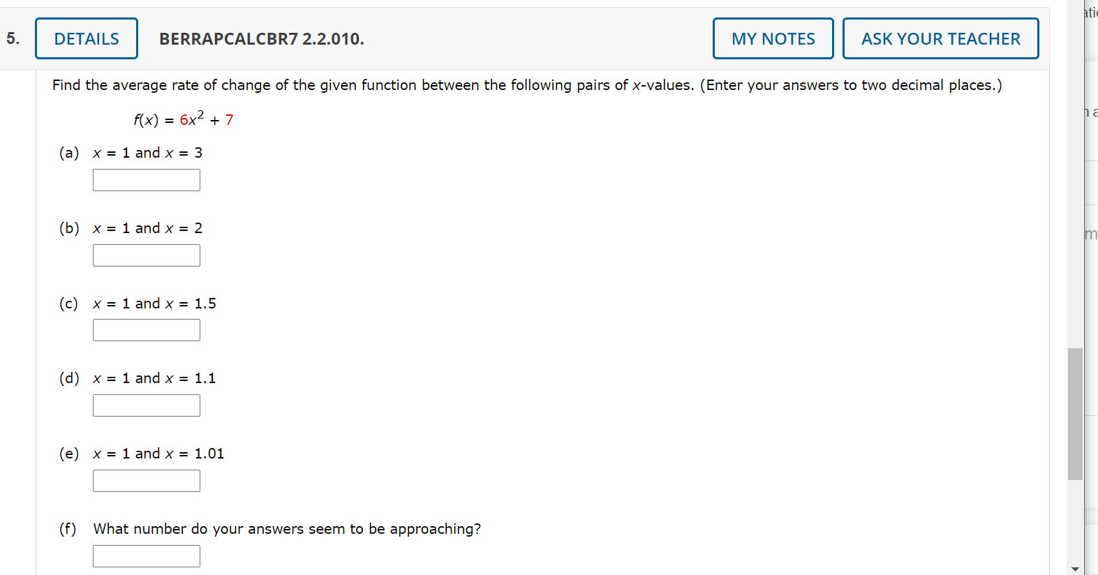 average rate of change of the given function between the following pairs