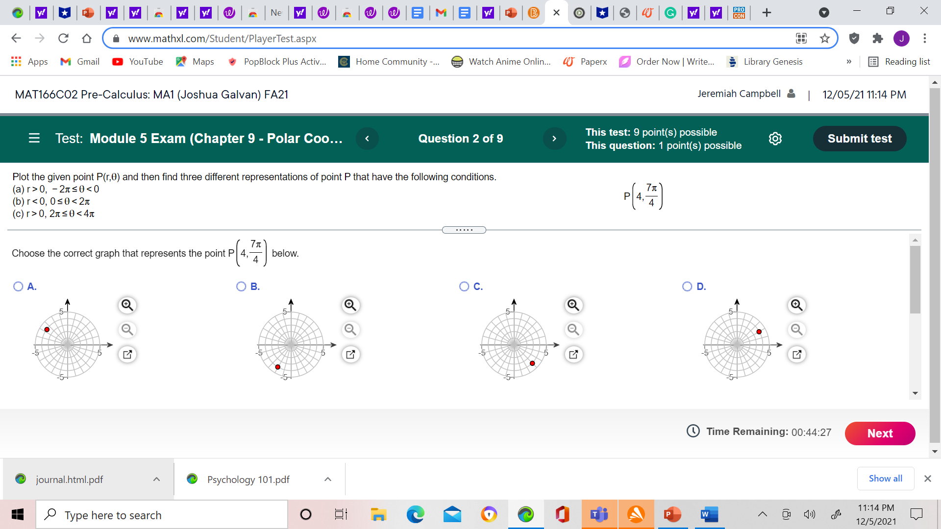C. OD. 5 Time Remaining: 00:44:39 Next journal.html.pdf Psychology 101.pdf Show all