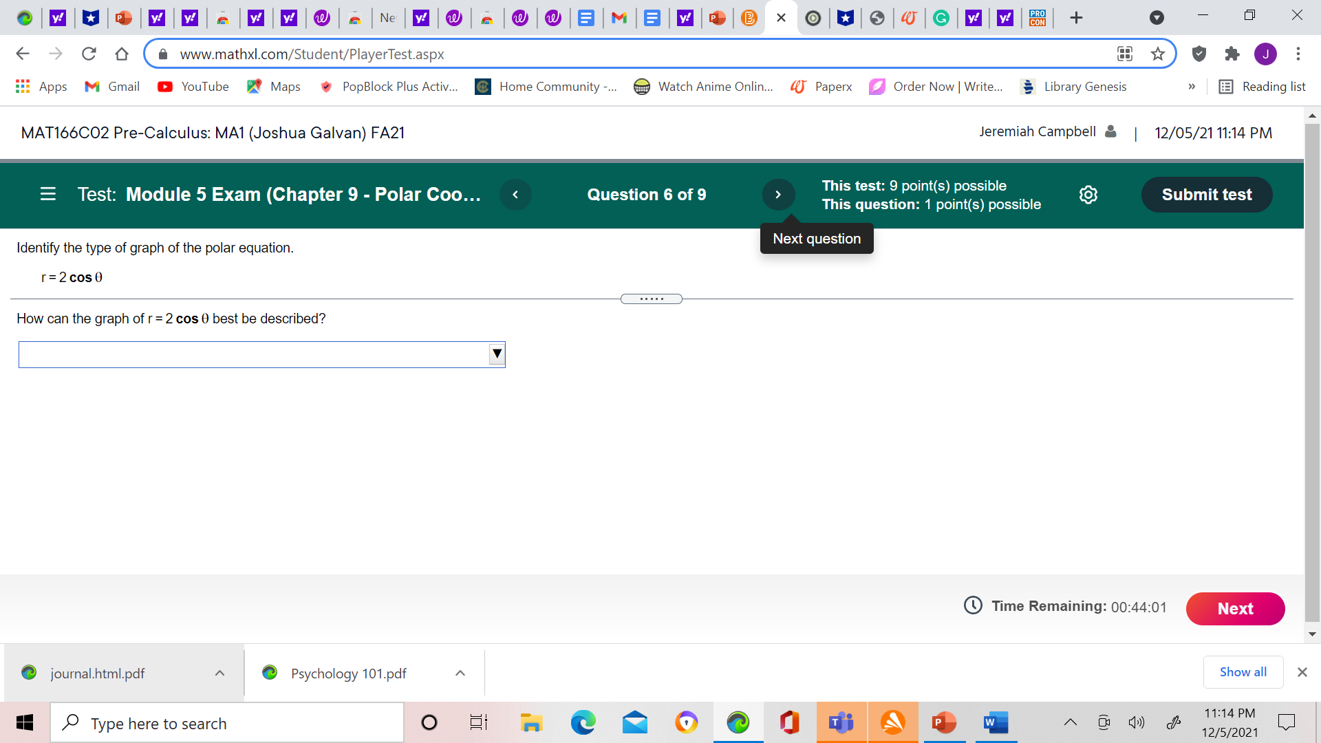 X www.mathxl.com/Student/PlayerTest.aspx Apps M Gmail YouTube Maps PopBlock Plus Activ... Home Community
