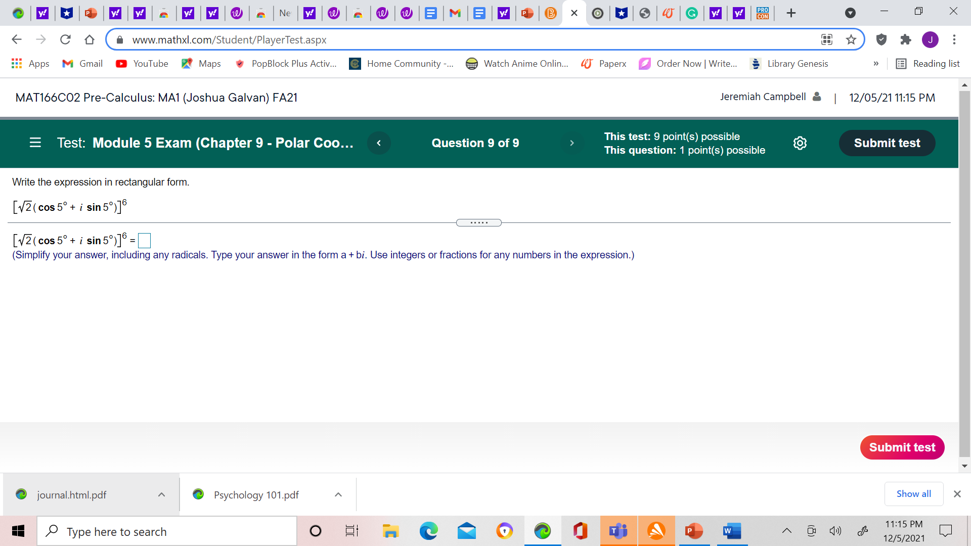 & | 12/05/21 11:14 PM = Test: Module 5 Exam (Chapter 9