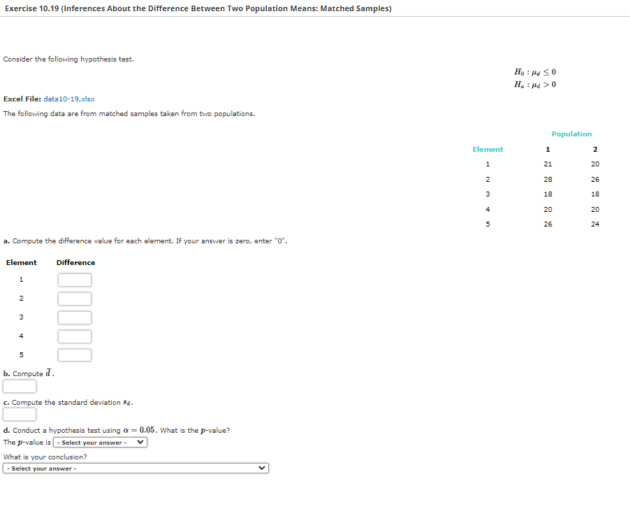 Exercise 10.19 (Inferences About the Difference Between Two Population Means: Matched Samples)