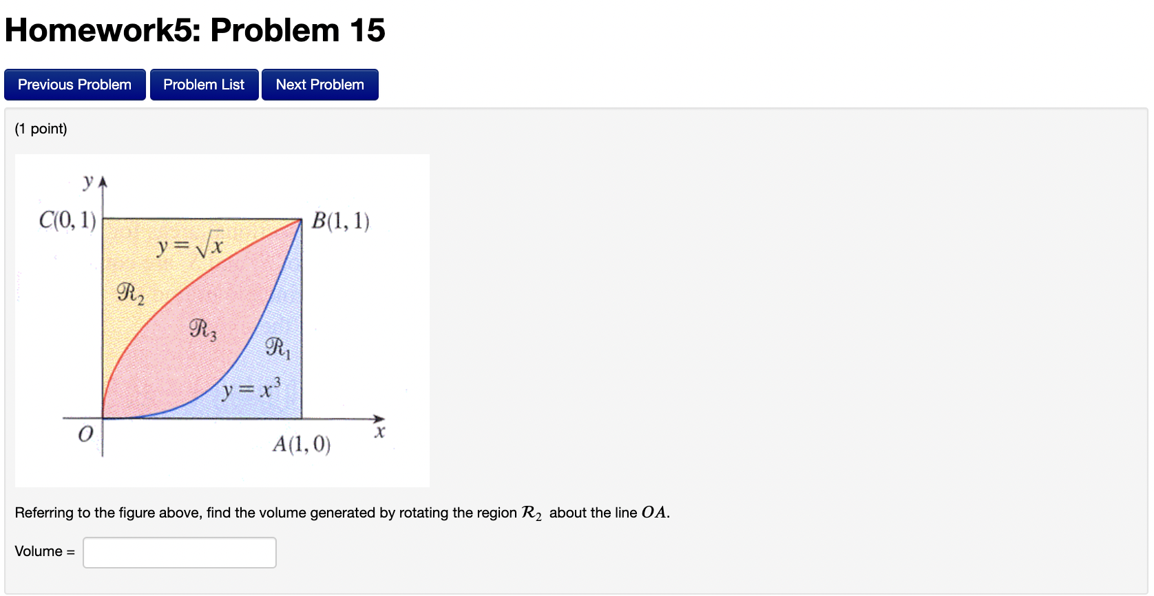 the region. y = 4x2 , y = x2+7Homework5: Problem 9 Previous
