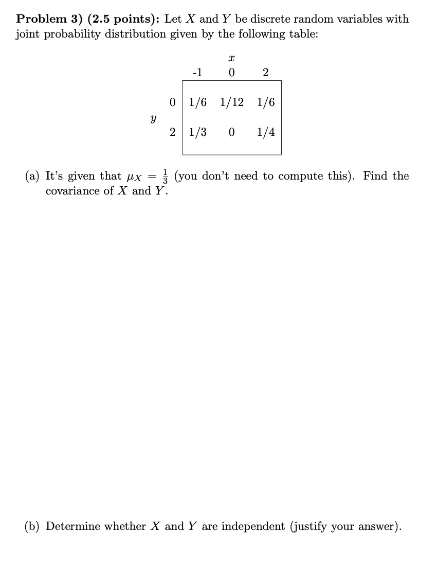 variables with joint probability distribution given by the following table: (a) It's