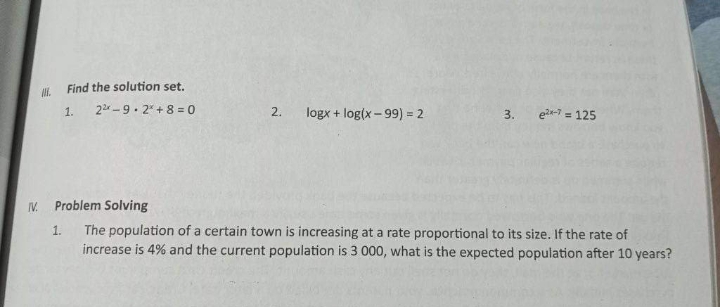 +8 =0 2. logx + log(x -99) = 2 3. elf-7 =
