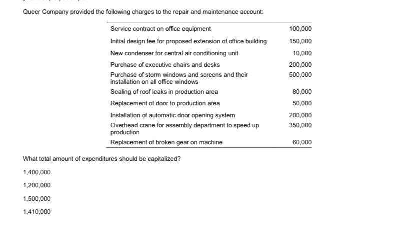of expenditures should be capitalized? 1,400,000 1,200,000 1,500,000 1,410,000At the beginning of