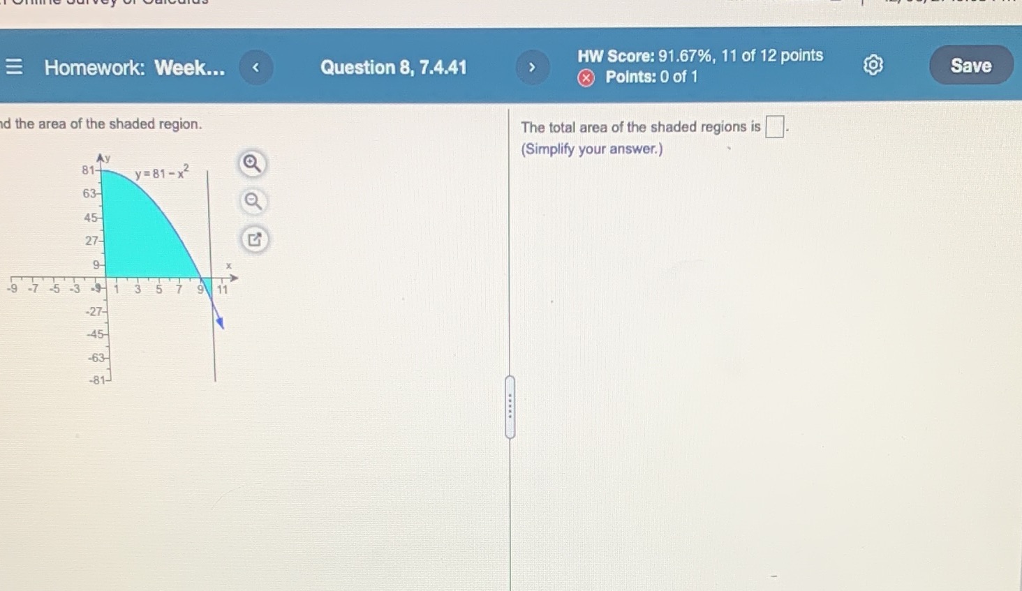 Question 8, 7.4.41 HW score: 91.67%, 11 of 12 points @ Points:Oof1