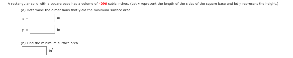  A rectangular solid with a square base has a volume of