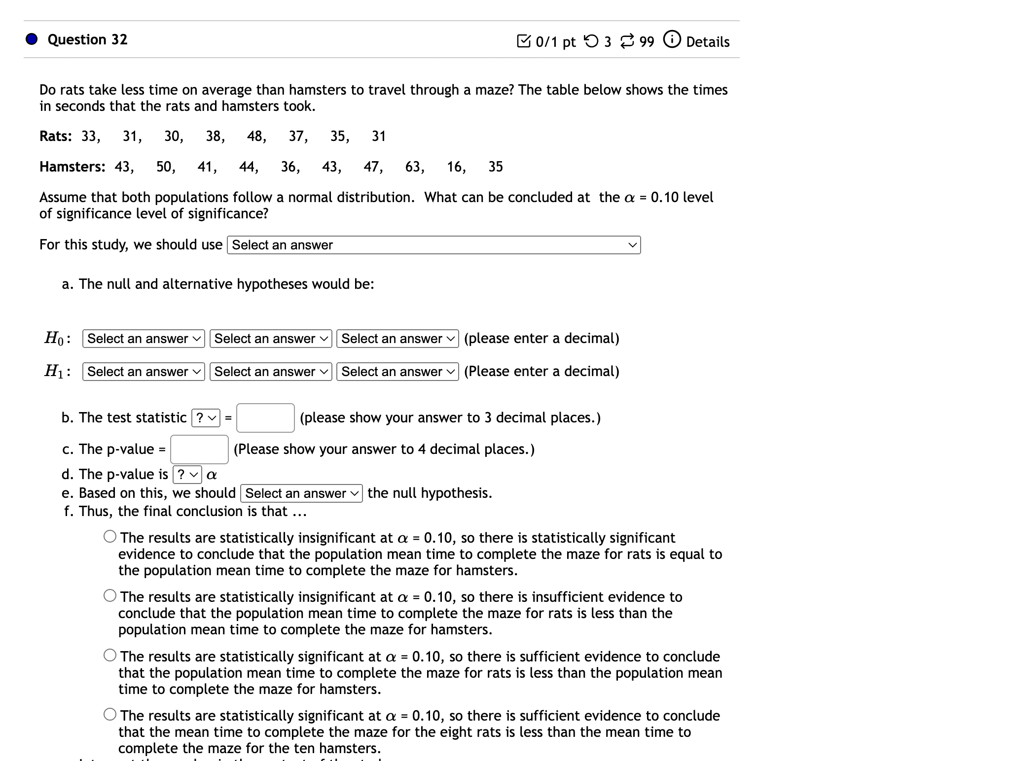 H1 : ? v Select an answer v [:] (Please enter a