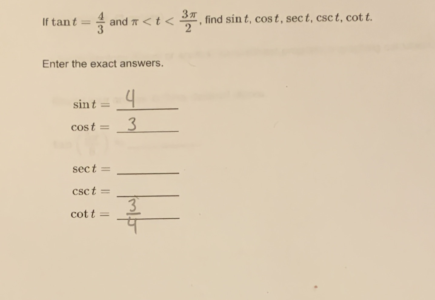 4 If tant and T < t 3 Enter the exact answers.