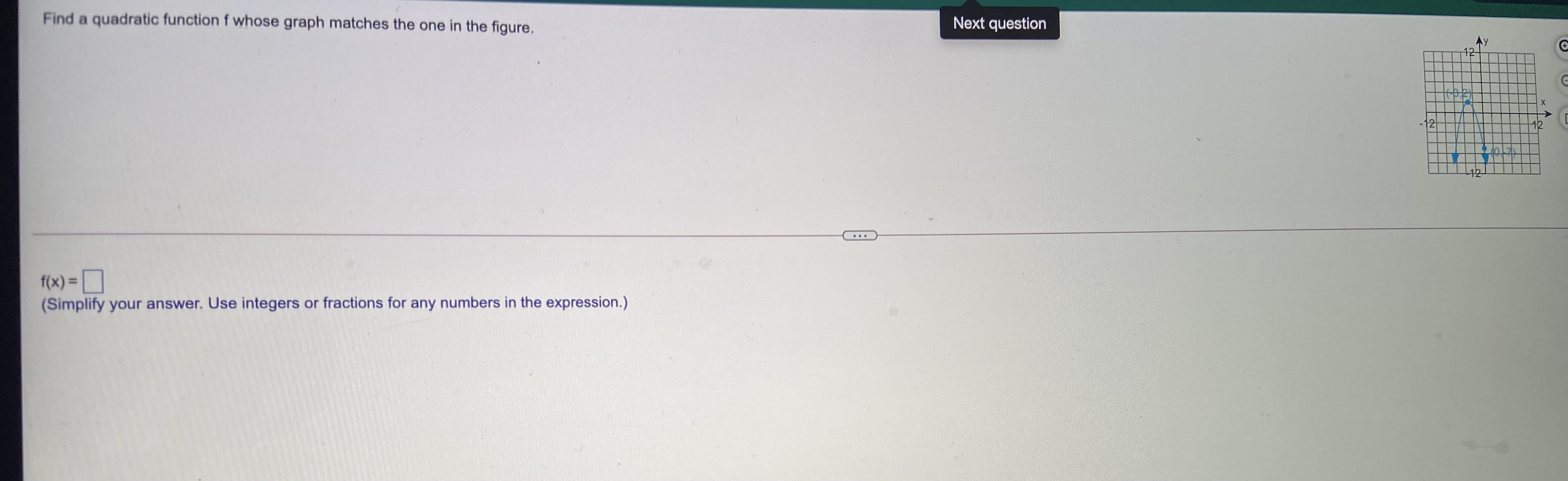 the figure. Next question 12 f(x) = (Simplify your answer. Use integers
