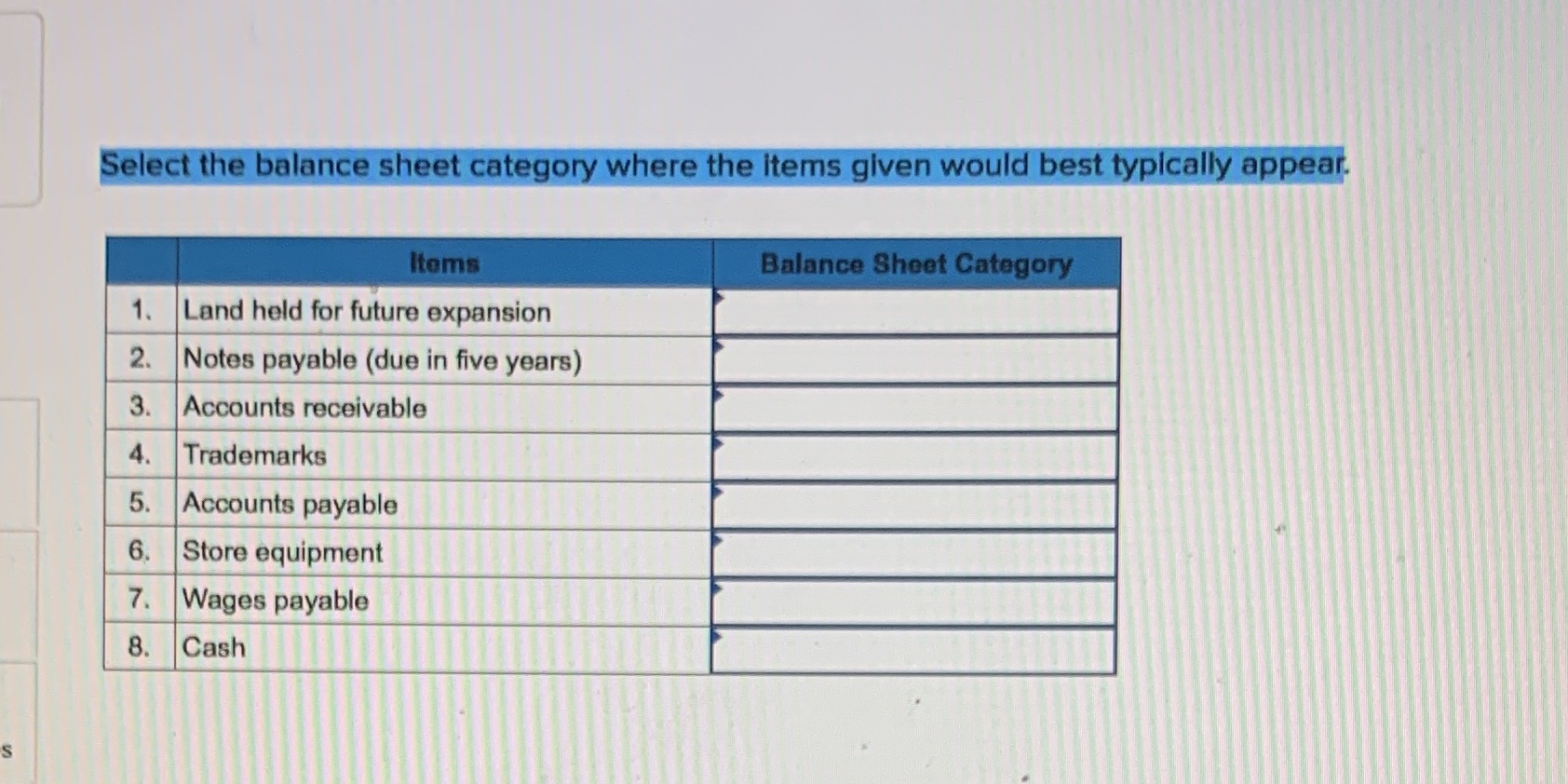 typically appear. Items Balance Sheet Category 1 . Land held for future
