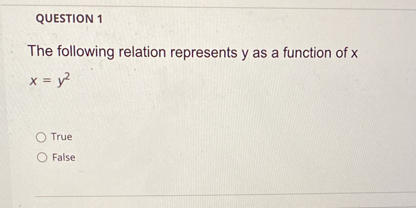 QUESTION 1 The following relation represents y as a function of x