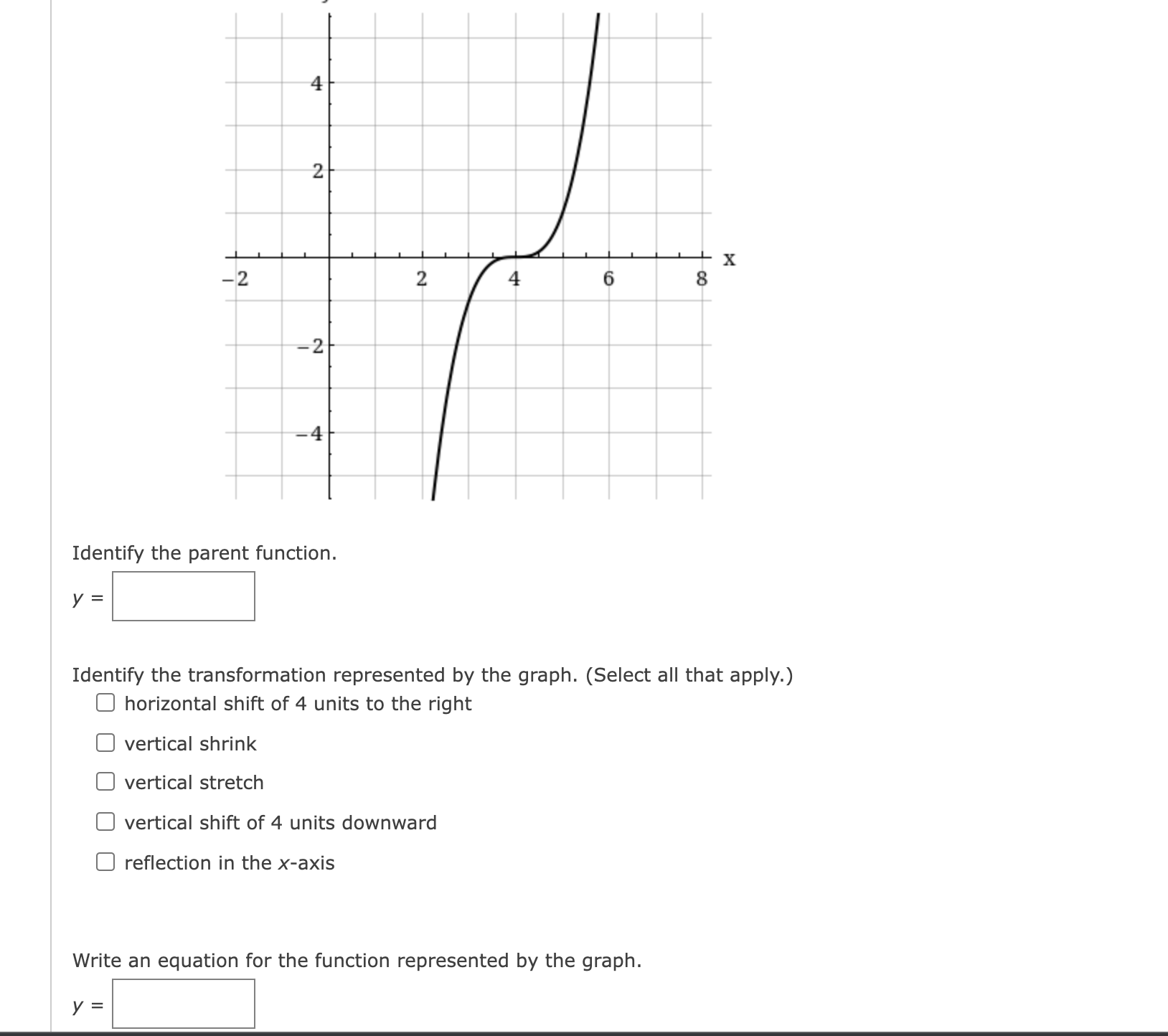  Identify the parent function. Identify the transformation represented by the graph.