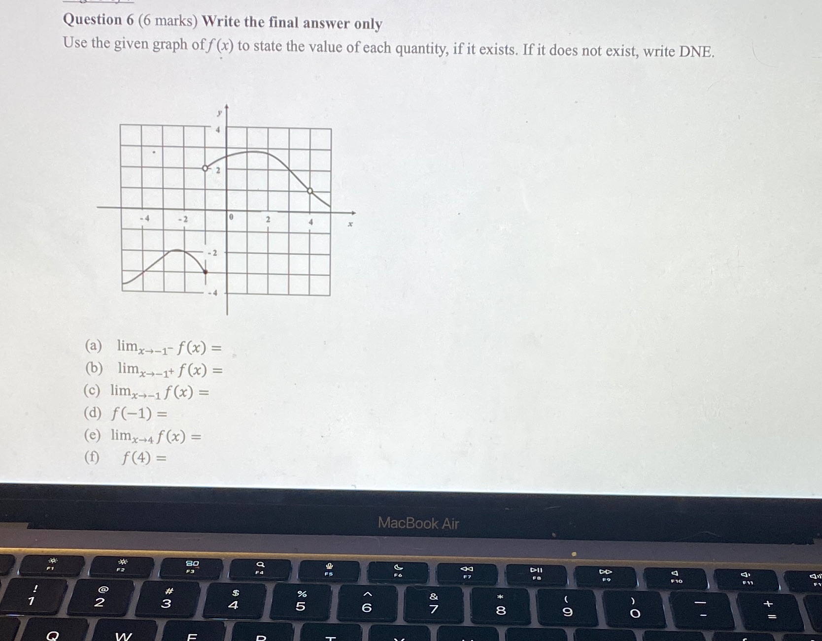 given graph of f (x) to state the value of each quantity,