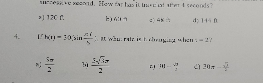 it traveled after 4 seconds? a) 120 ft b) 60 ft c)