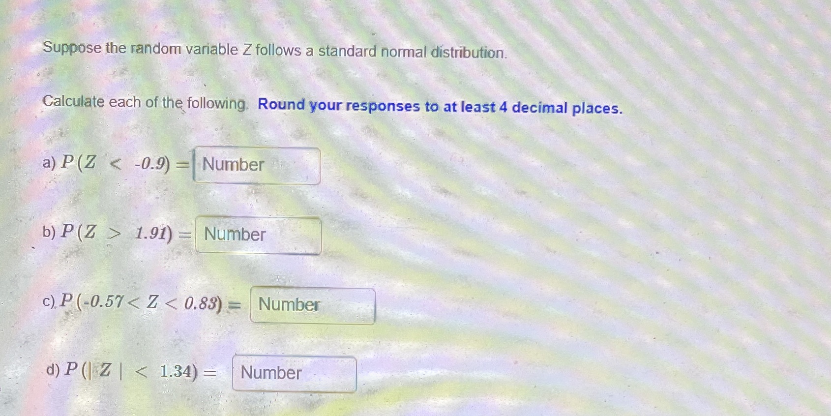 Suppose the random variable Z follows a standard normal distribution. Calculate
