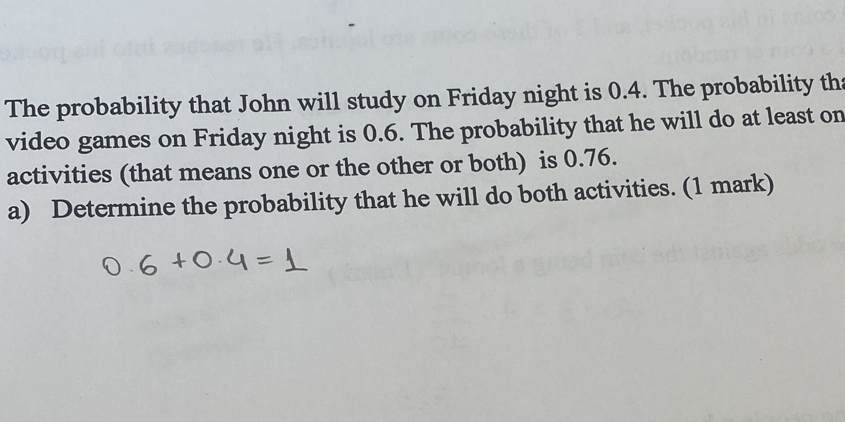  The probability that John will study on Friday night is 0.4.