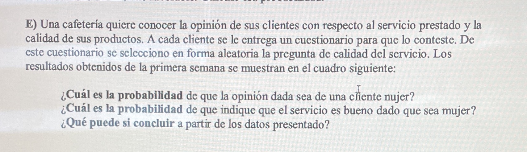 E) Una cafeteria quiere conocer la opini6n de sus clientes con respecto