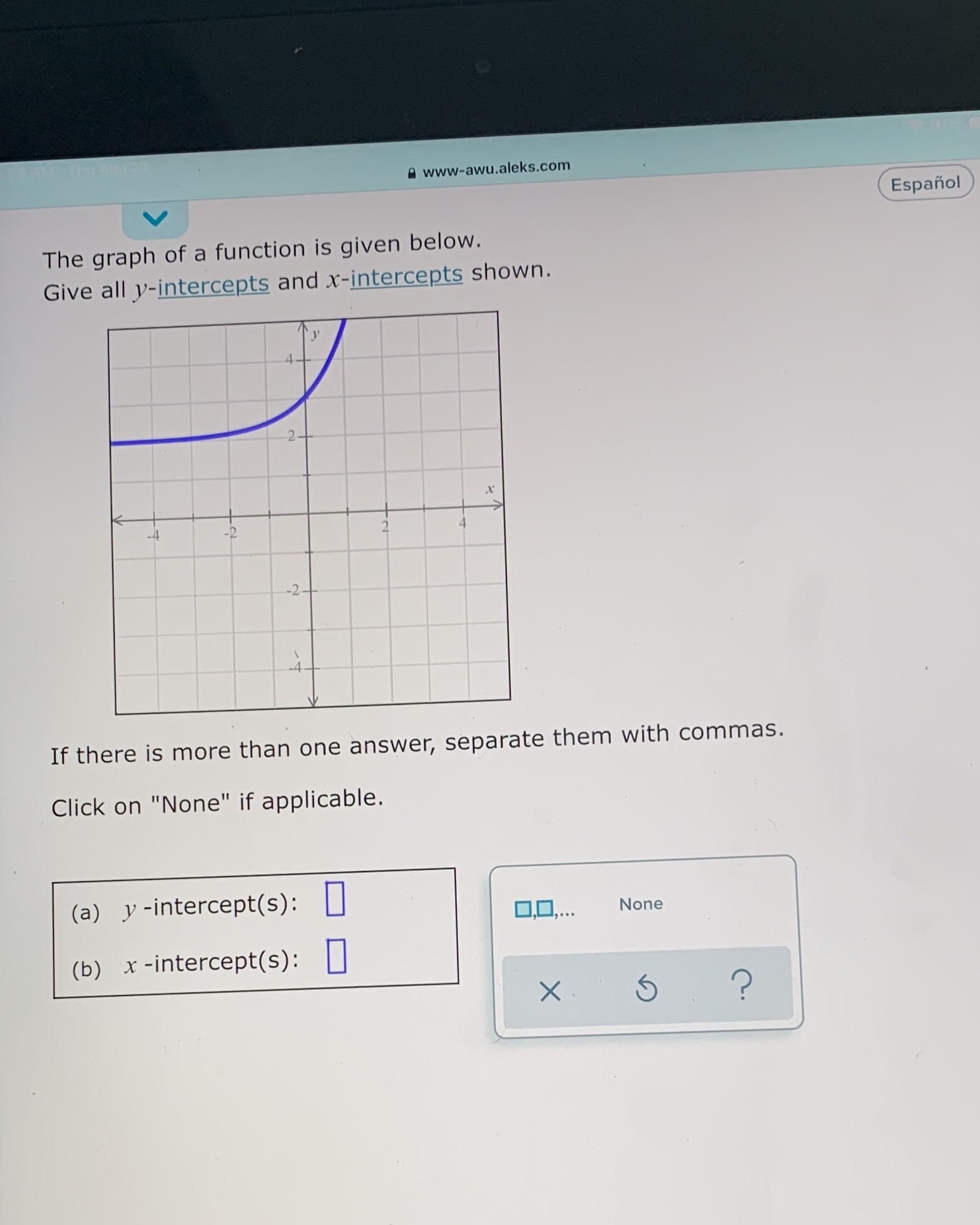  awww-awu.aleks.com Espanol The graph of a function is given below. Give