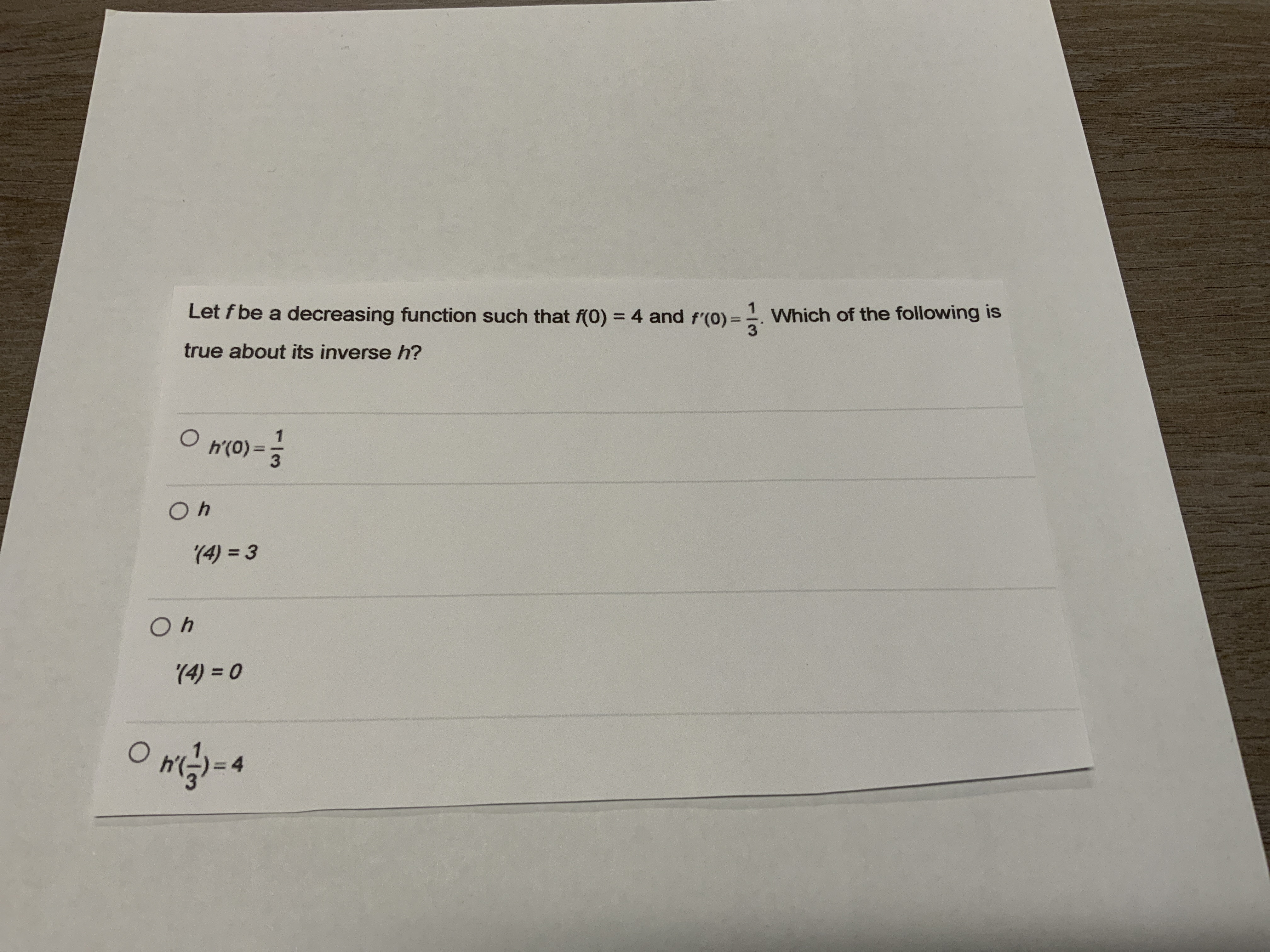 f'(0) = 2. Which of the following is true about its inverse