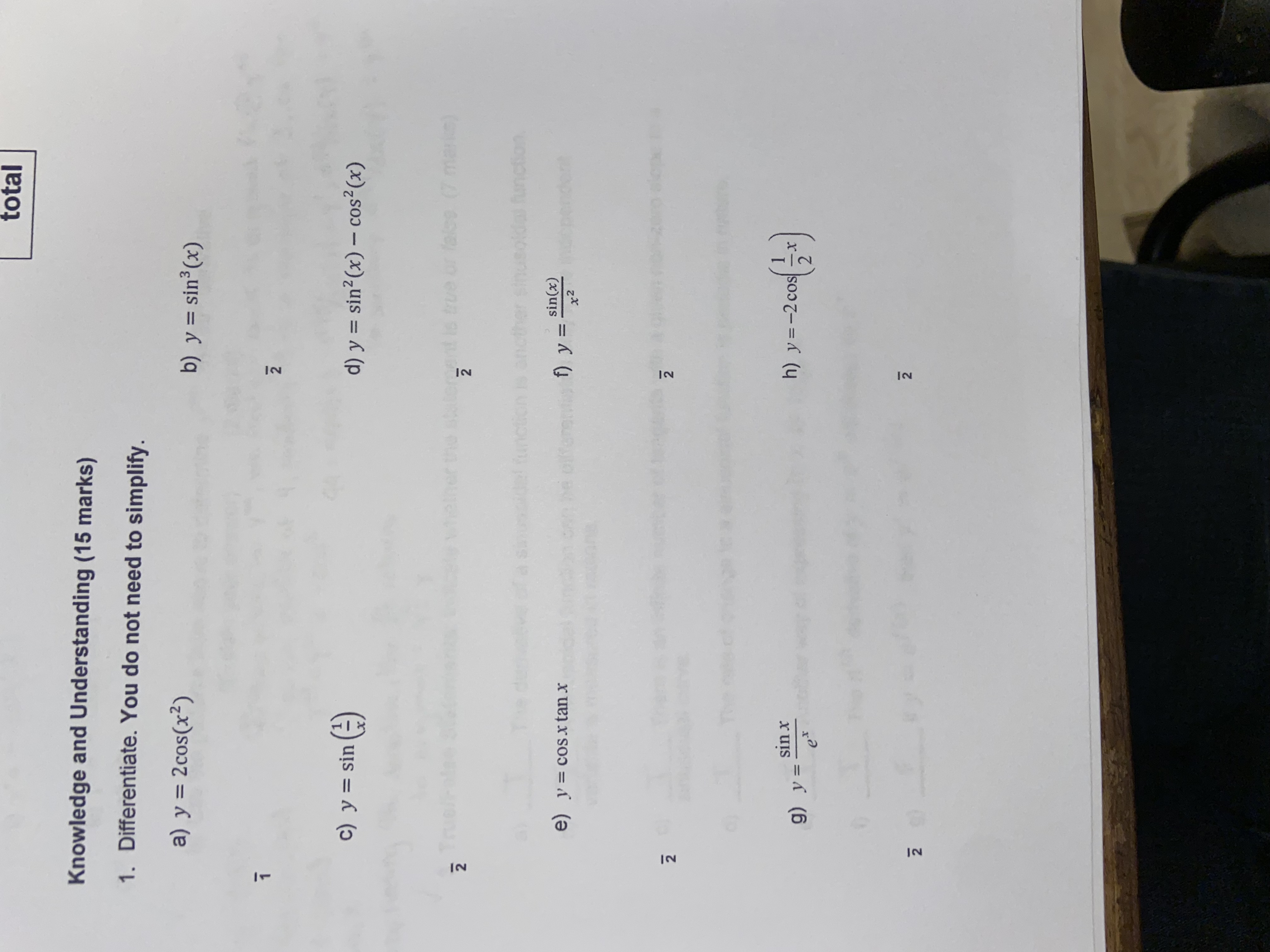 Differentiate. You do not need to simplify. a) y = 2cos(x2) b)