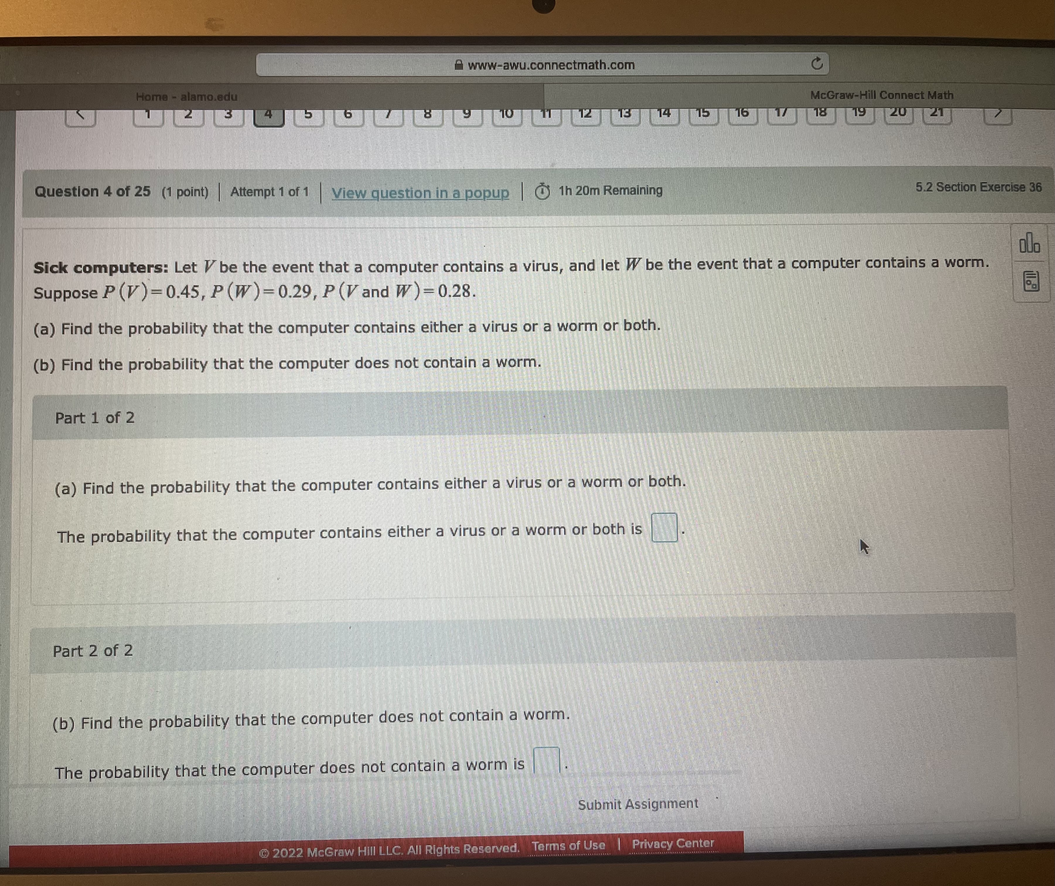 www-awu.connectmath.com Home alamo.edu McGraw-Hili Connect Math 52 Section Exercise 36 Sick c