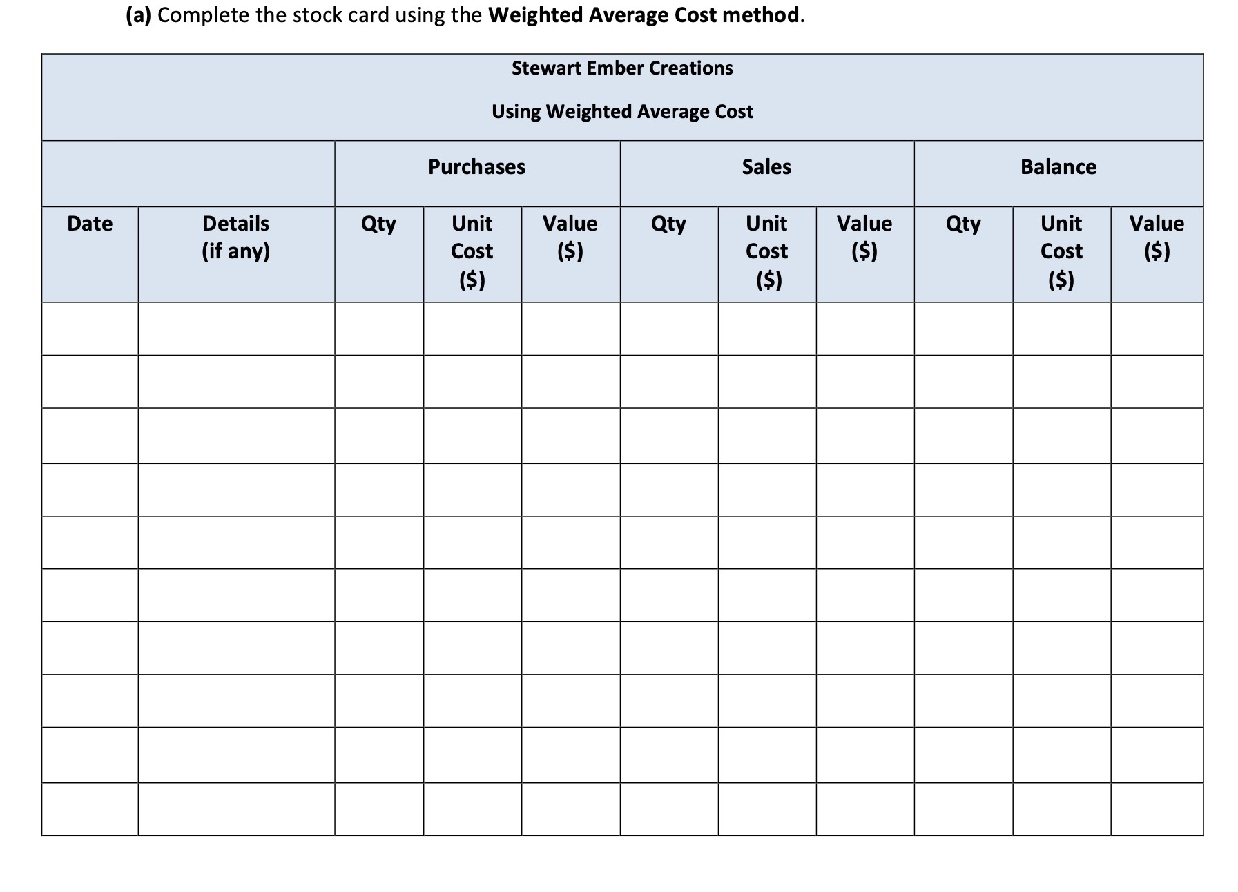 Stewart Ember Creations Using Weighted Average Cost Purchases Sales Balance Details Unit