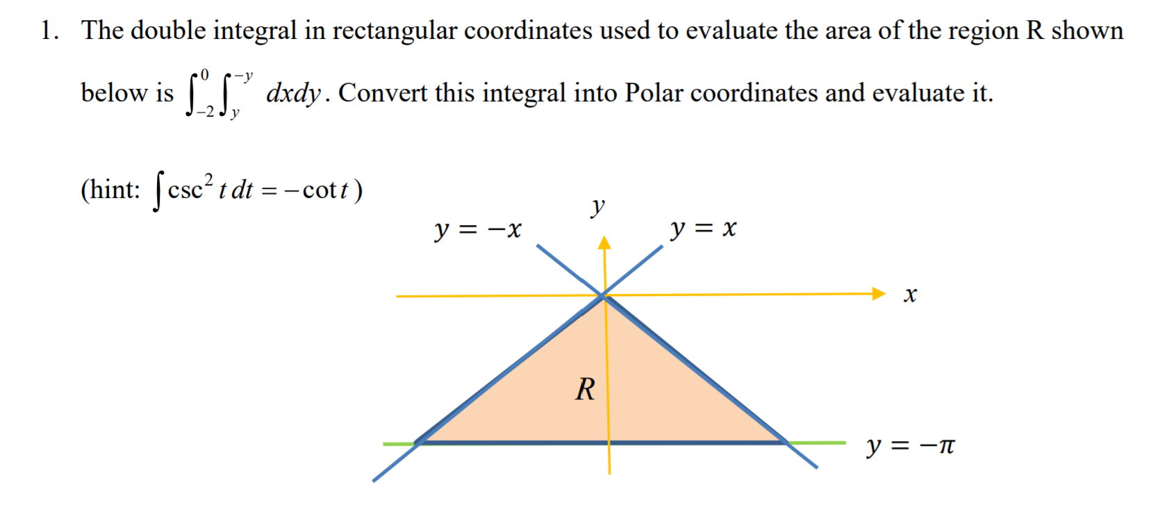 area of the region R shown below is dxdy . Convert this