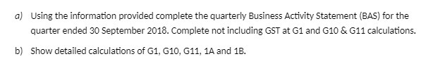 ol Using the information provided complete the quarterly Business Activity Statement