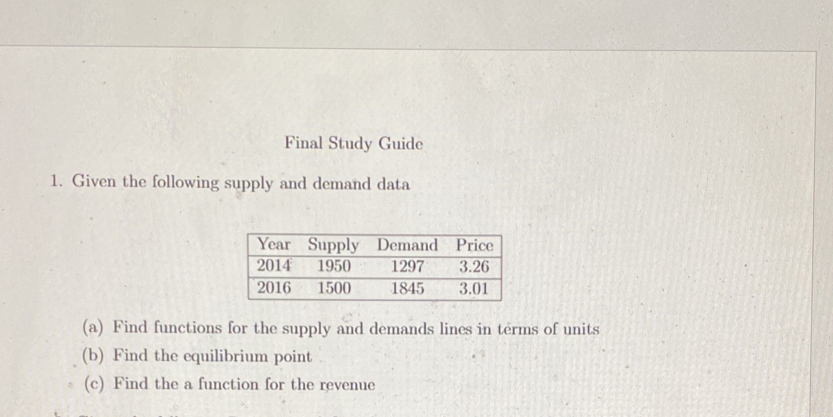 Year Supply Demand Price 2014 1950 1297 3.26 2016 1500 1845 3.01