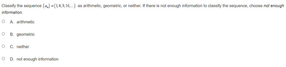 {an} ={2.6, 4, 5.4, 6.8, 8.2,...} . O A. 01: 2.6; an
