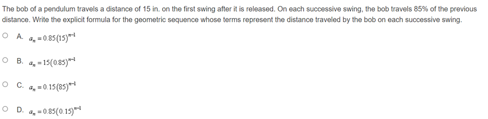 2The bob of a pendulum travels a distance of 15 in. on