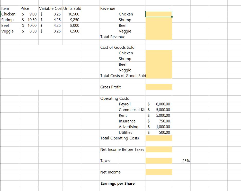 Item Chicken Shrimp Beef Veggie Price Variable Cost Units Sold s s