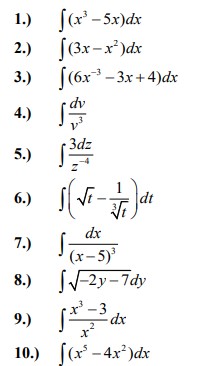 ) dx 3.) [(6x73 - 3x +4)dx dv 4.) 3dz 5.) 6.)