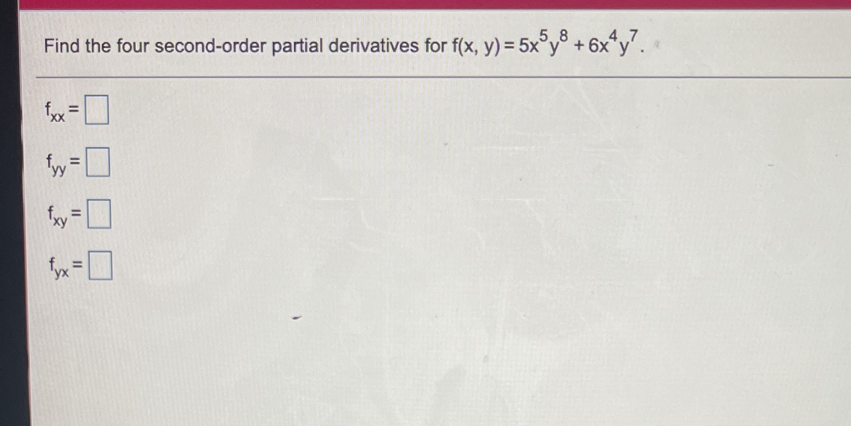 Find the four second-order partial derivatives for f(x, y) = 5x y