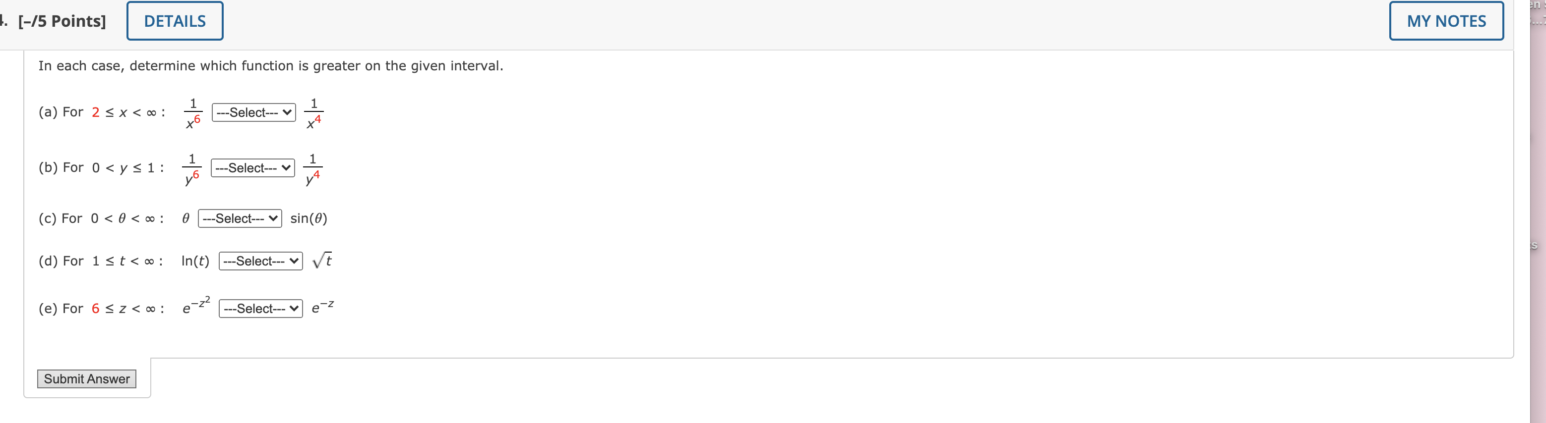  [-/5 Points] DETAILS MY NOTES In each case, determine which function