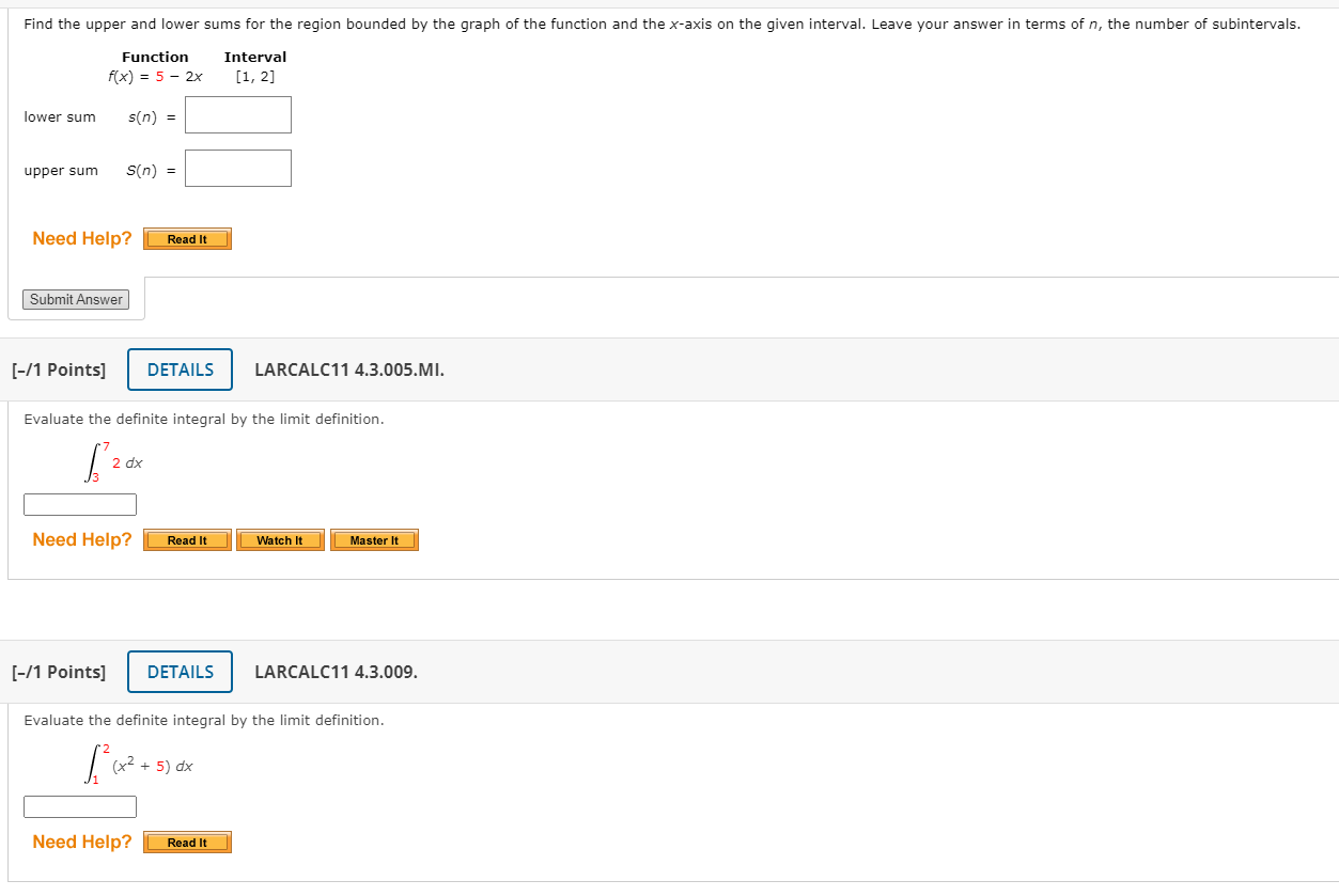 Find the upper and lower sums for the region bounded by the