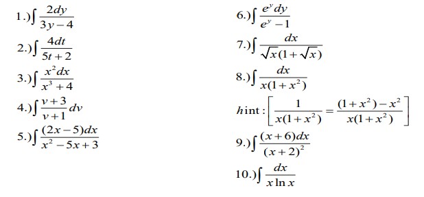 Evaluate the following integrals using the logarithmic rules e" dy 1.)J